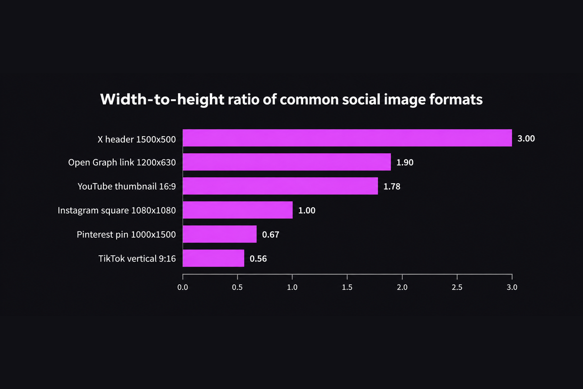 Bar chart of width-to-height ratios: X header 1500x500 is 3.00, Open Graph link 1200x630 is 1.90, YouTube thumbnail 16:9 is 1.78, Instagram square 1080x1080 is 1.00, Pinterest pin 1000x1500 is 0.67, TikTok vertical 9:16 is 0.56